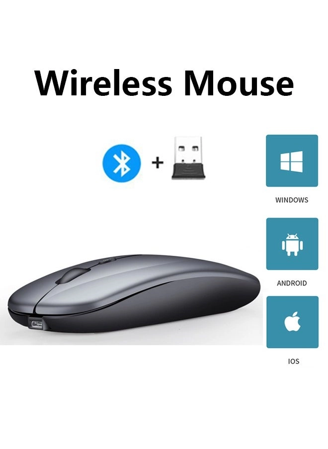 Wireless Bluetooth Mouse, Bluetooth 5.1 + USB, 2.4GHz Rechargeable Silent Bluetooth Wireless Mouse (Grey)