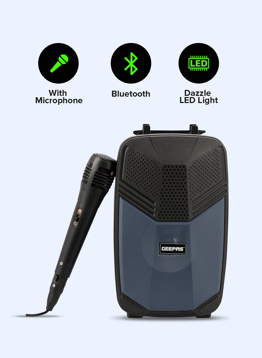 Portable Bluetooth Speaker With Microphone (GMS11156) | Large Circle Dazzle LED Light Black/Blue