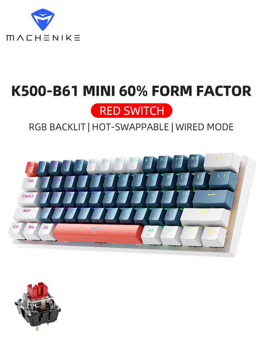 MACHENIKE K500-B61 61 Keys Wired Gaming Keyboard Review: Hot-Swappable Red Switch RGB